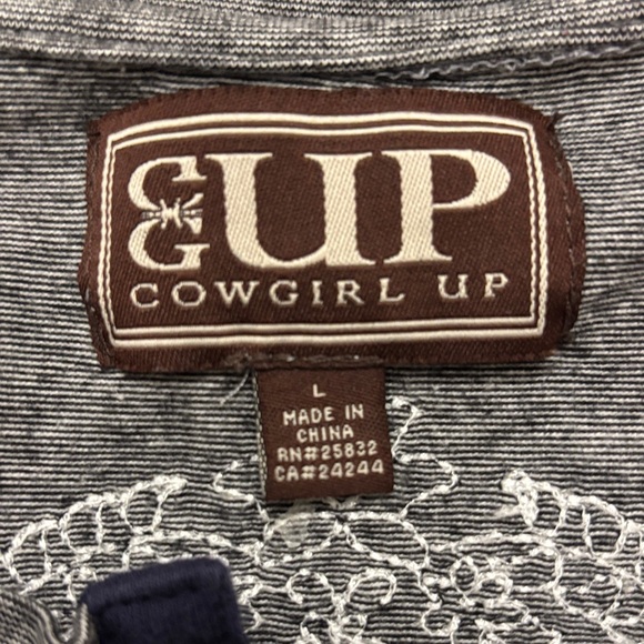 Cowgirl Up Gray Long Sleeve 3 Button Women's Top with Rhinestone Accents Large - Picture 8 of 10